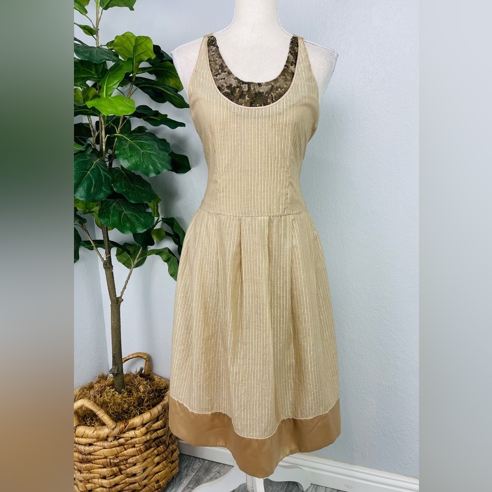 3.1 Phillip Lim Gold Tan Metallic Sequins Pleated Sleeveless midi Dress